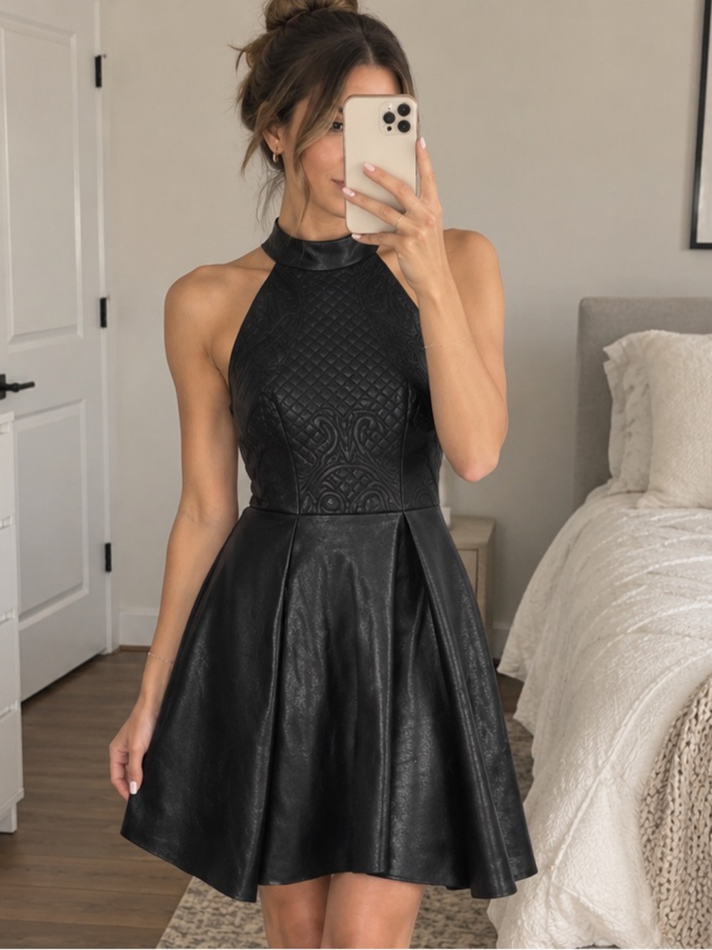 Bariano Black Faux Leather Halter Skater Dress XS NWT